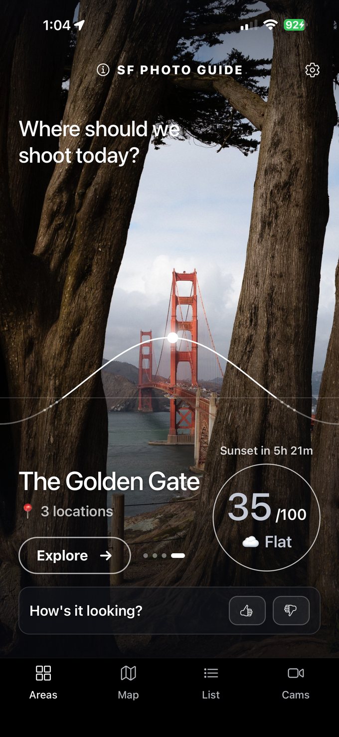 SF Photo Guide home screen asking where to shoot, with a Shot Score