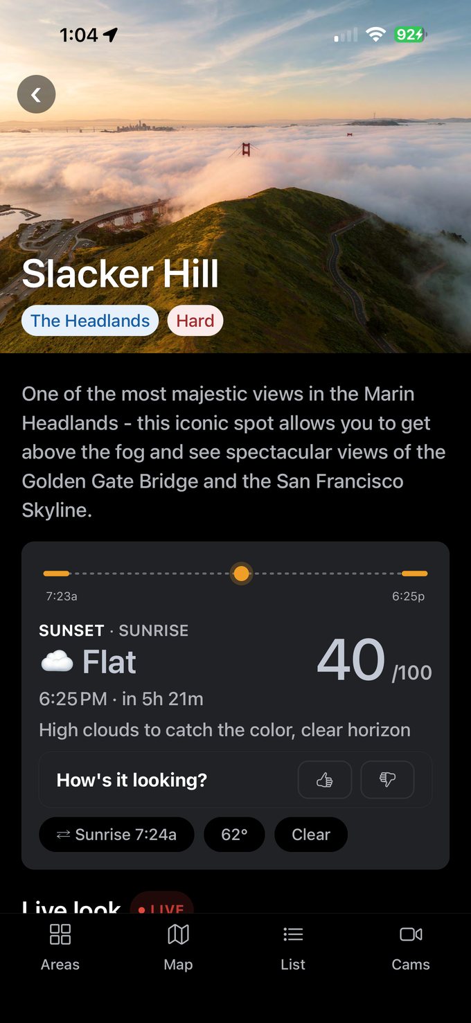 A spot detail screen with description, conditions, and best time